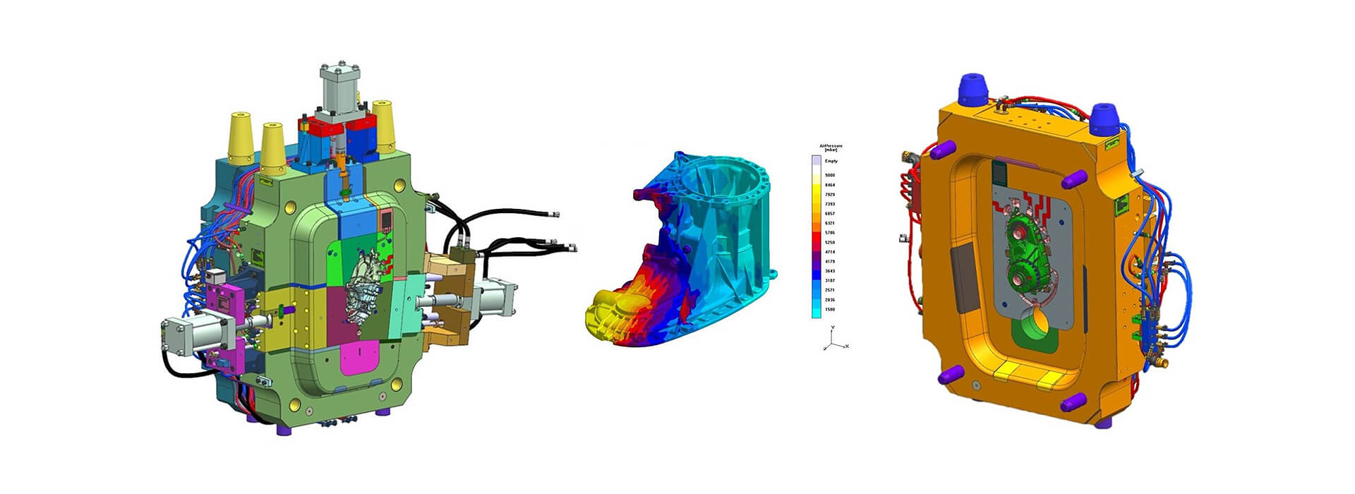 Complete 3-D assembly of a high pressure die cast die for a transfer case is shown on the screen